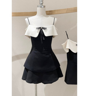  Set áo 2 dây bản nhỏ kèm nơ ngực phối chân váy ngắn màu đen mặc mùa hè basic tiểu thư cao cấp Deliz CHOUCHOU 