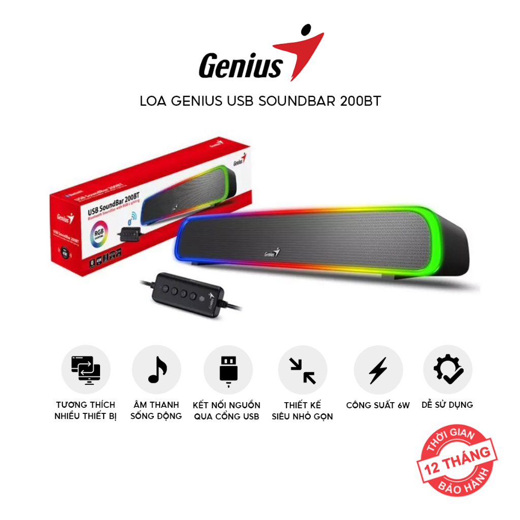 Loa Vi Tính Genius Soundbar 200BT - Thiết Kế Nhỏ Gọn, Âm Thanh Sắc Nét - Hàng Chính Hãng, Bảo Hành 12 Tháng