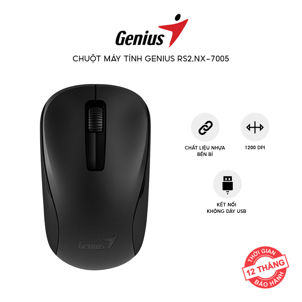 Chuột Không Dây Genius NX 7005 Black - Thiết Kế Nhỏ Gọn, Tiện Lợi - Hàng Chính Hãng, Bảo Hành 12 Tháng