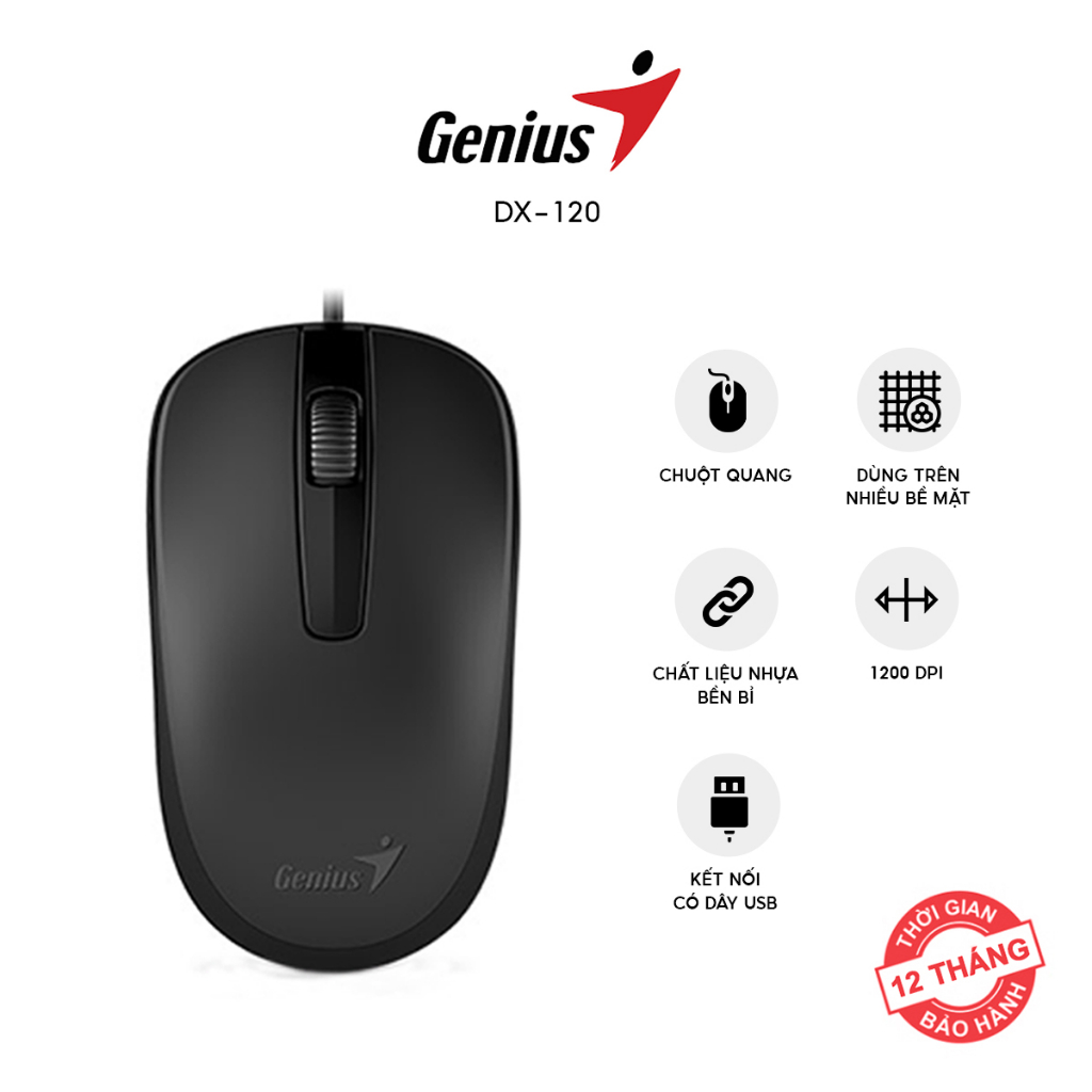 Chuột Quang Có Dây Genius DX-120 - Thiết Kế Nhỏ Gọn, Tiện Lợi - Hàng Chính Hãng, Bảo Hành 12 Tháng