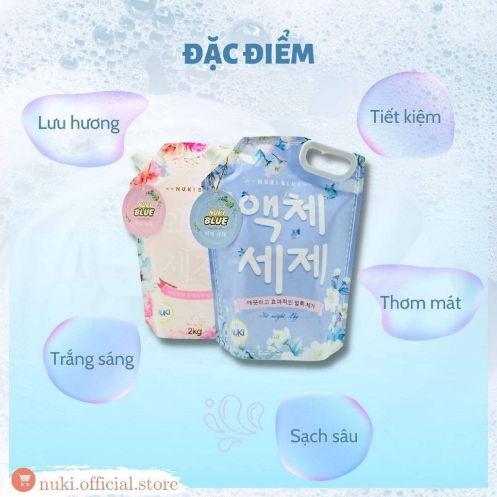 Túi Nước Giặt Xả Hàn Quốc Nuki Blue 2kg Lưu Hương Đậm Sâu, Làm Mềm Vải Giữ Màu Quần Áo và Không Gây Kích ỨngDA