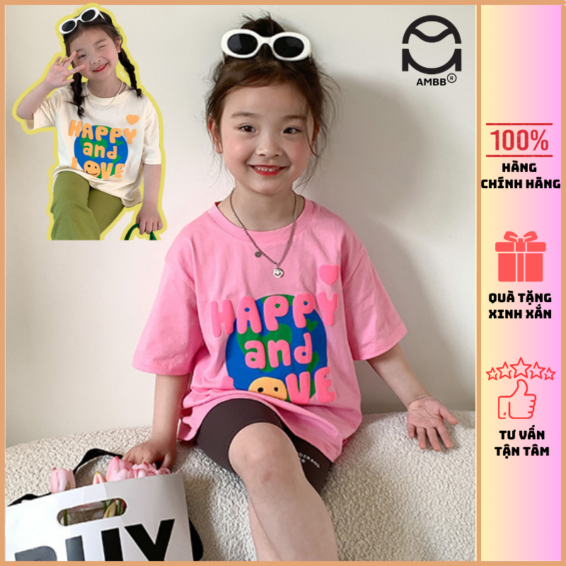Áo phông cho bé gái Ambb.kids, áo thun in chữ hình mặt cười, vải cotton mềm mát tạo cảm giác thoải mái khi mặc.