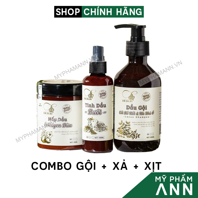 Combo Dầu Gội Bồ Kết Dr Di Hi + Hấp Dầu Collagen Dừa + Xịt Tinh Dầu Bưởi Dr Di Hi Kích Thích Mọc Tóc Dài Nhanh
