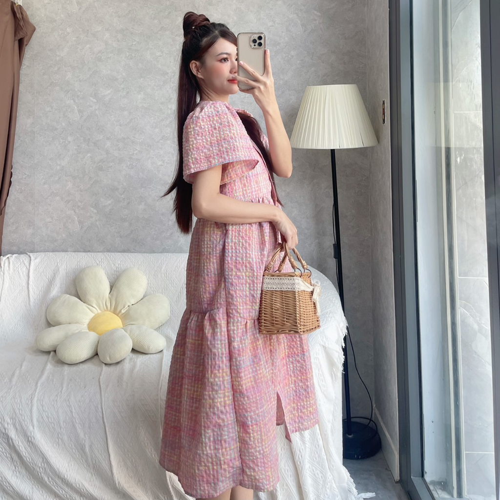 Đầm kẻ caro tay cánh tiên + áo lót trong