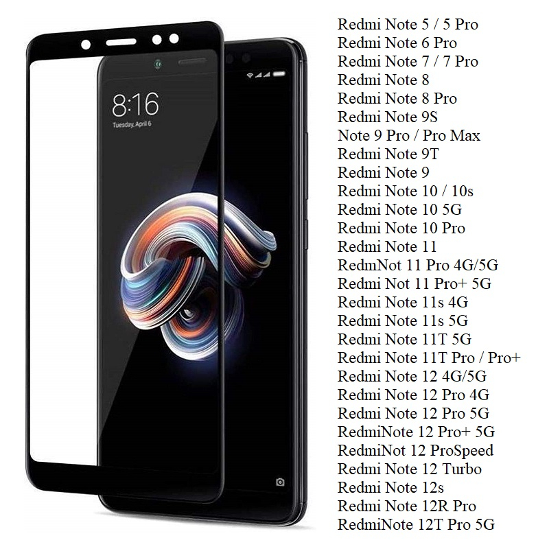 Kính cường lực Full màn Xiaomi Redmi Note 5 6 7 8 9 9T 10 10s 11 11s 11T 12 12s 12T 12R Pro Max Turbro Speed Pro+ 4G/5G