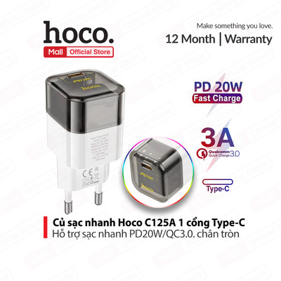 Củ sạc nhanh PD20W C125A 1 cổng Type-C QC3.0 thiết kế trong suốt sang trọng , nhỏ gọn tiện lợi, chân tròn