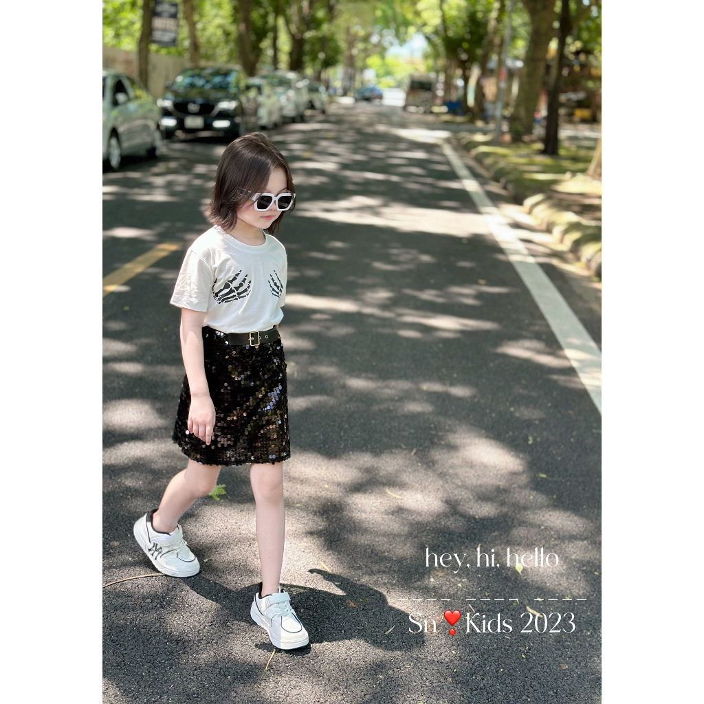 Váy cho bé gái , Set váy áo cotton bàn tay phối chân váy kim sa lấp lánh sang chảnh cho bé gái 10-30kg