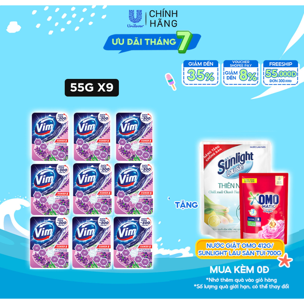 Combo 9 Viên Tẩy Bồn Cầu Vim Power 5 Sạch Khuẩn Thơm Mát (Hương Lavender | Hương Chanh | Hương Trà xanh & Chanh)