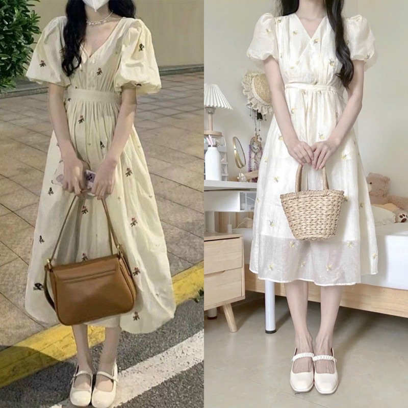 ĐẦM MIDI CỔ V THÊU HOA
