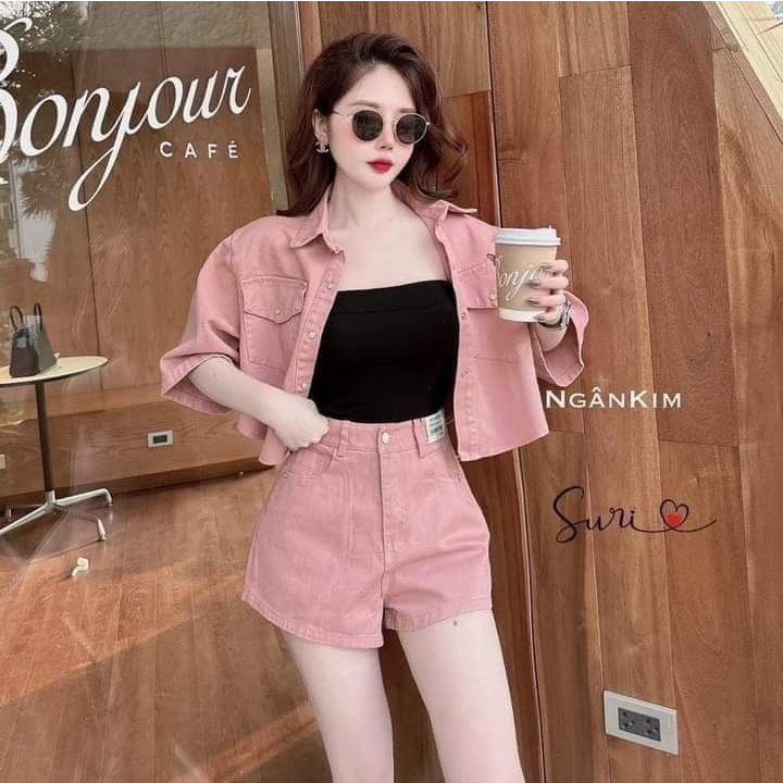 Set bồ đồ bò mùa hè màu hồng áo ngắn tay+ quần đùi hàng thời trang cao cấp