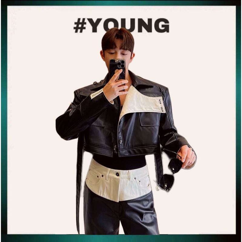 Áo Khoác Da Phối Vải - Form Croptop YOUNG  - Có Độn Vai