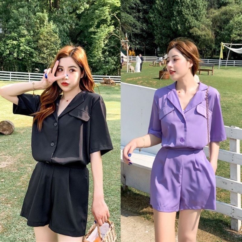 Set Bộ Đồ Nữ Áo Sơ Mi Kiểu Cổ Vest Ngắn Tay Mix Quần Sooc Đùi Xếp Ly Ống Rộng Cá Tính ,Size M L XL