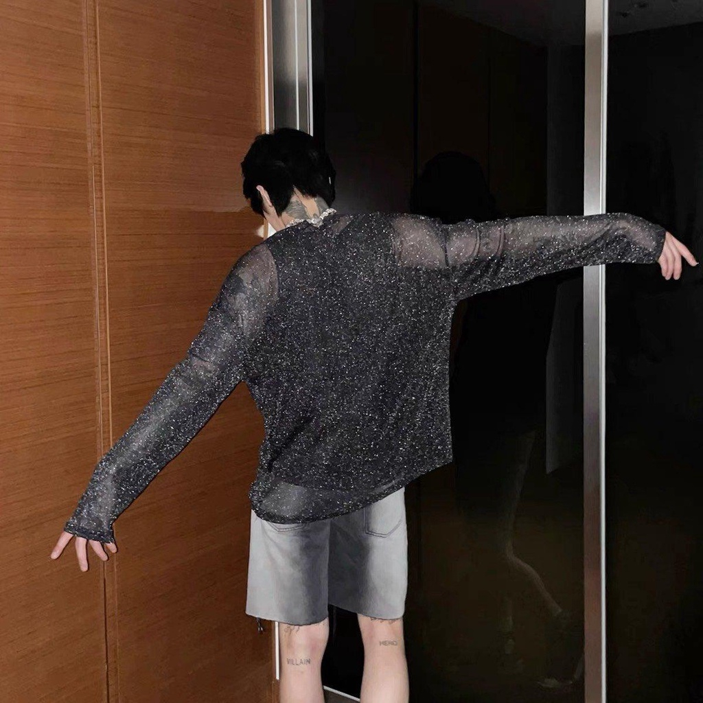 Áo thun nam tay dài voan kim tuyến sexy xuyên thấu