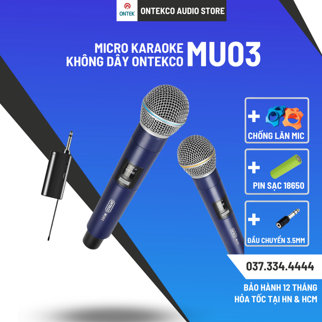 Micro hát karaoke pin sạc ONTEKCO MU03 không dây - sạc ngay trên tay micro phù hợp mọi loa kéo, amply gia đình