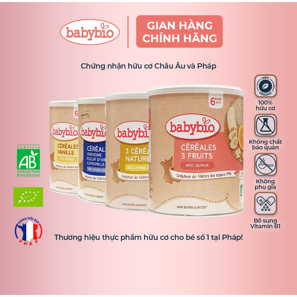 Thực phẩm bổ sung bột ăn dặm pha sữa hữu cơ bổ sung vitamin B1 Babybio 220g (từ 6 tháng tuổi)