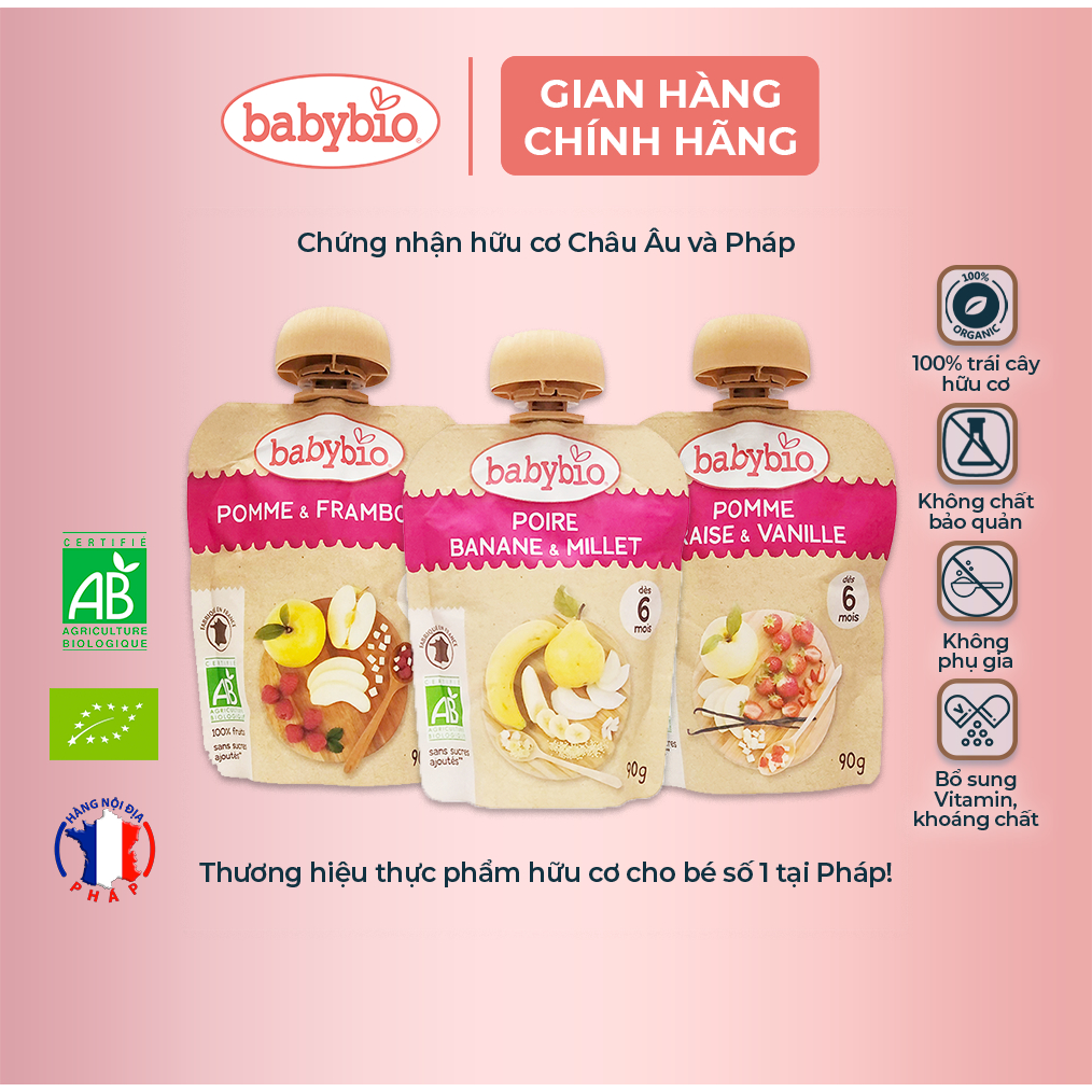 Trái cây nghiền hữu cơ cho bé Babybio 90g từ 6 tháng tuổi