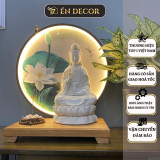 Tượng Phật Quan Âm Bồ Tát ÉN DECOR gốm sứ tráng men Đại Ngọc Đường kèm kệ đèn led decor trang trí, phong thuỷ, an nhiên