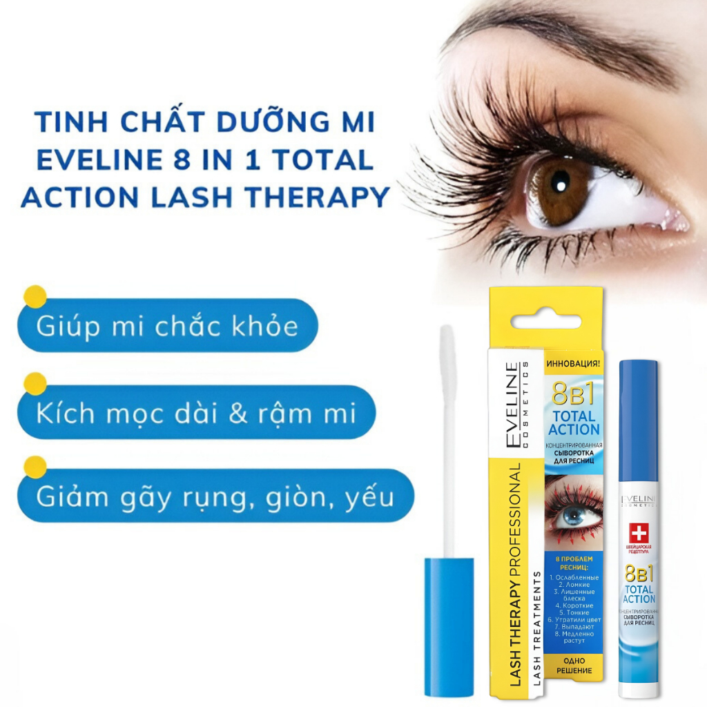 Serum Dưỡng Mi Eveline 8 in 1 Total Action Huyết Thanh Dưỡng Mi Dài Và Dày Mi 10ml