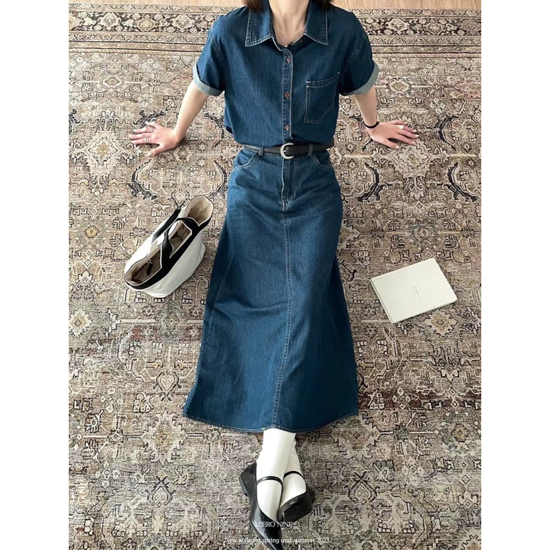 Set Denim Midi Jean Quảng Châu Loại 1 (hình thật) Áo Denim Mix Chân Váy Midi Dáng Dài Style Retro Cổ Điển