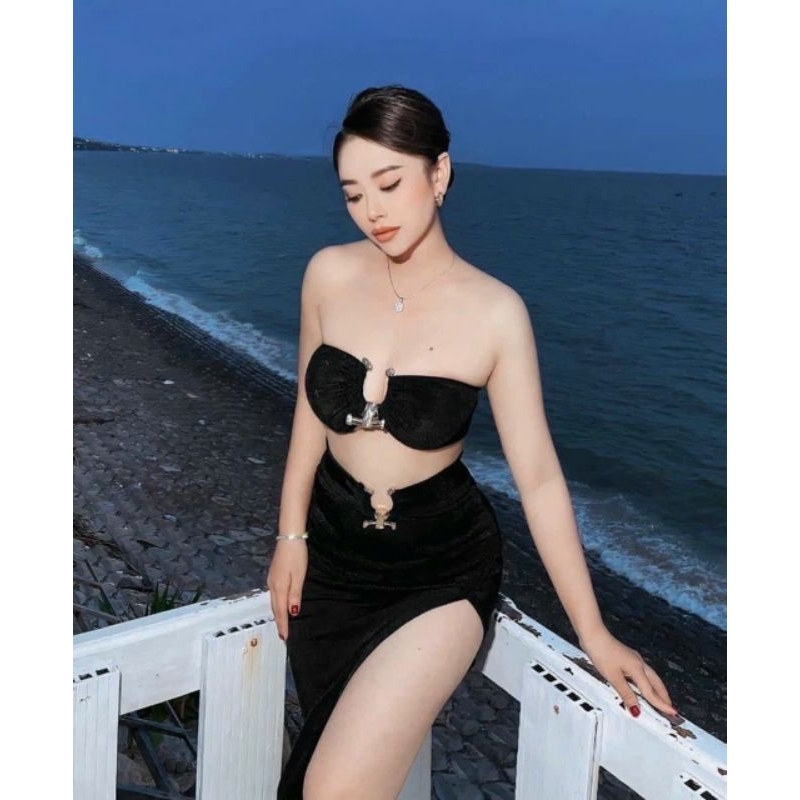 Bikini đi biển, bộ bơi 3 mảnh khoen kèm chân váy 2 kiểu tay dài, cúp ngang len tăm màu đen Vivi Shop