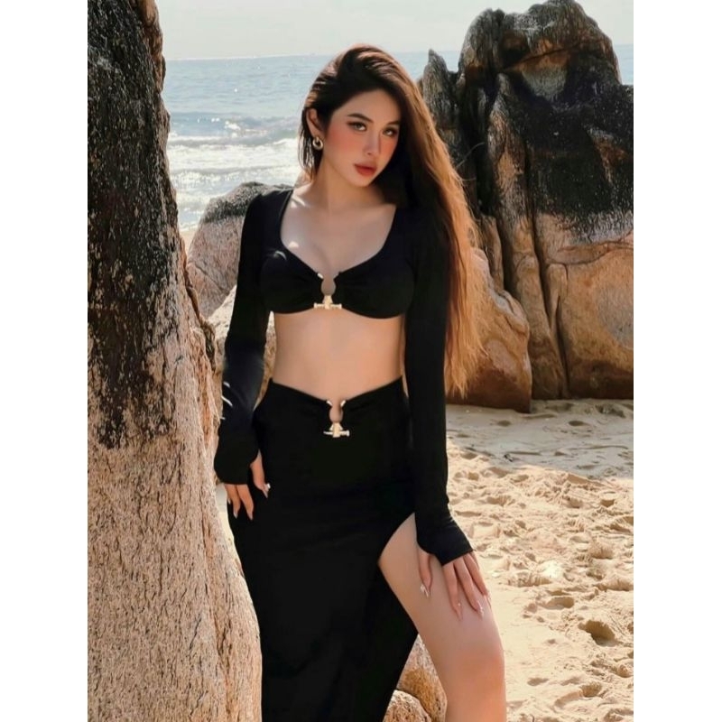 Bikini đi biển, bộ bơi 3 mảnh khoen kèm chân váy 2 kiểu tay dài, cúp ngang len tăm màu đen Vivi Shop