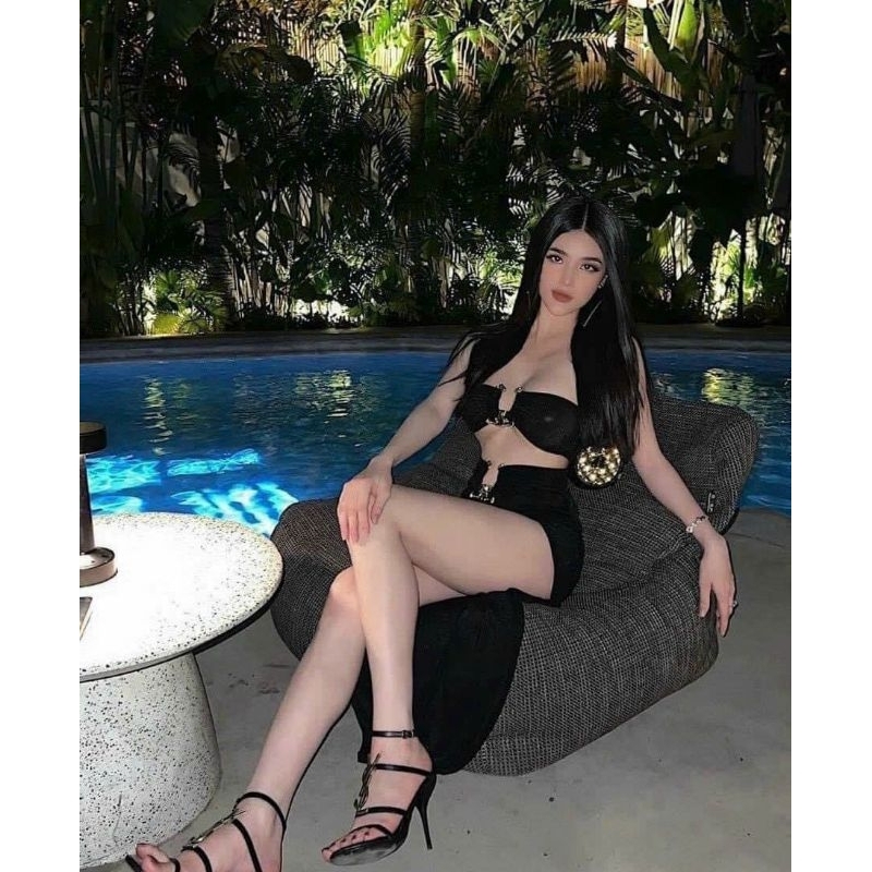 Bikini đi biển, bộ bơi 3 mảnh khoen kèm chân váy 2 kiểu tay dài, cúp ngang len tăm màu đen Vivi Shop