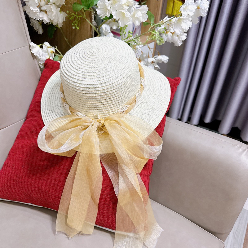Nón cói rộng vành nơ ruy băng nhũ nhẹ -phong cách tiểu thư vintage