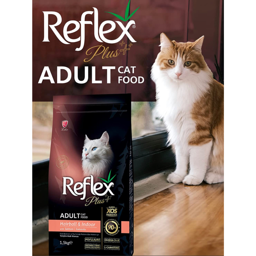 Hạt Reflex Plus Hairbal and Indoor cho mèo lớn thức ăn khô hỗ trợ tiêu búi lông và giảm mùi phân hôi vị cá hồi túi 1.5kg