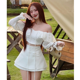 Set áo trễ vai tay bồng mix chân váy tafta chữ A nơ xinh - TKCC Ashley