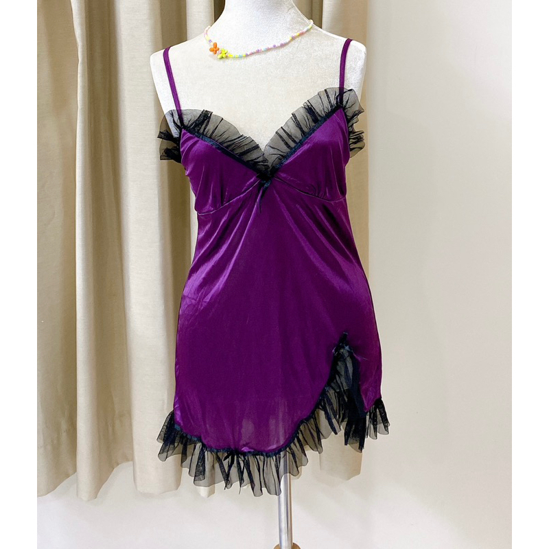 Đầm ngủ tím phối  ren đen 2hand