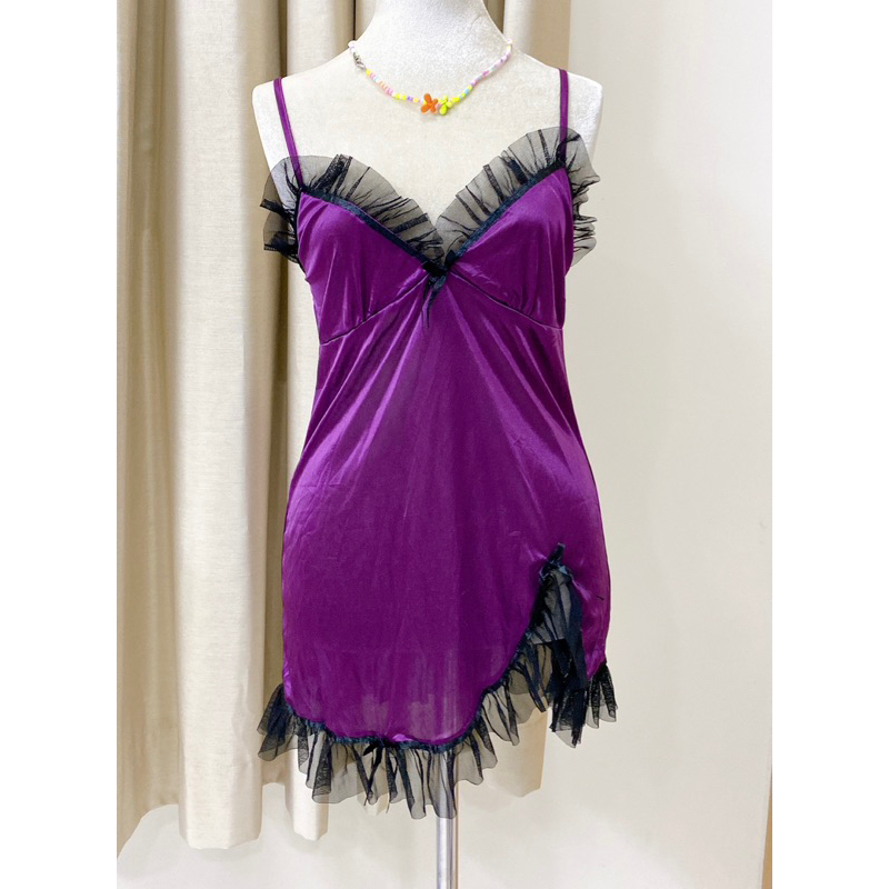 Đầm ngủ tím phối  ren đen 2hand