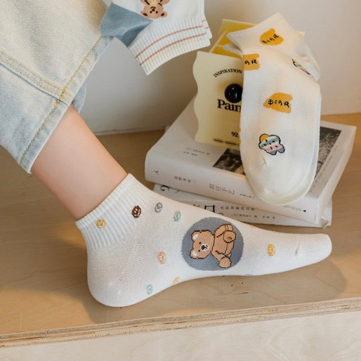 Tất cổ ngắn nữ SET 5 ĐÔI TẶNG TÚI ZIP Gấu Pastel cotton kháng khuẩn MRSOCKS SVN038