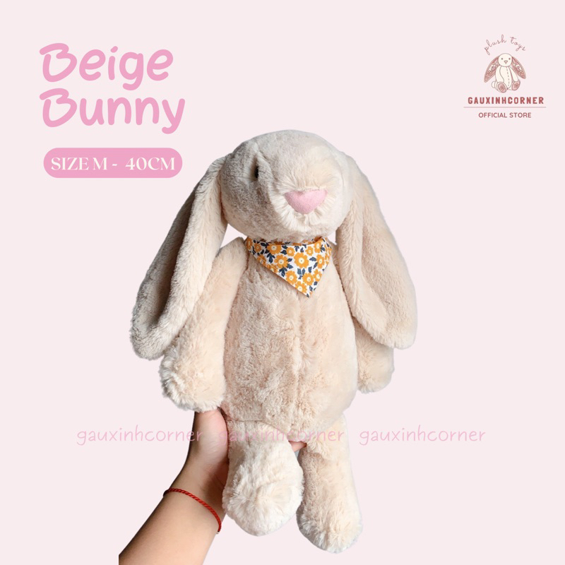 Gấu bông thỏ beige lông mịn cao cấp 40cm kèm yếm hoa dễ thương thú nhồi bông đồ chơi quà tặng| Gauxinhcorner