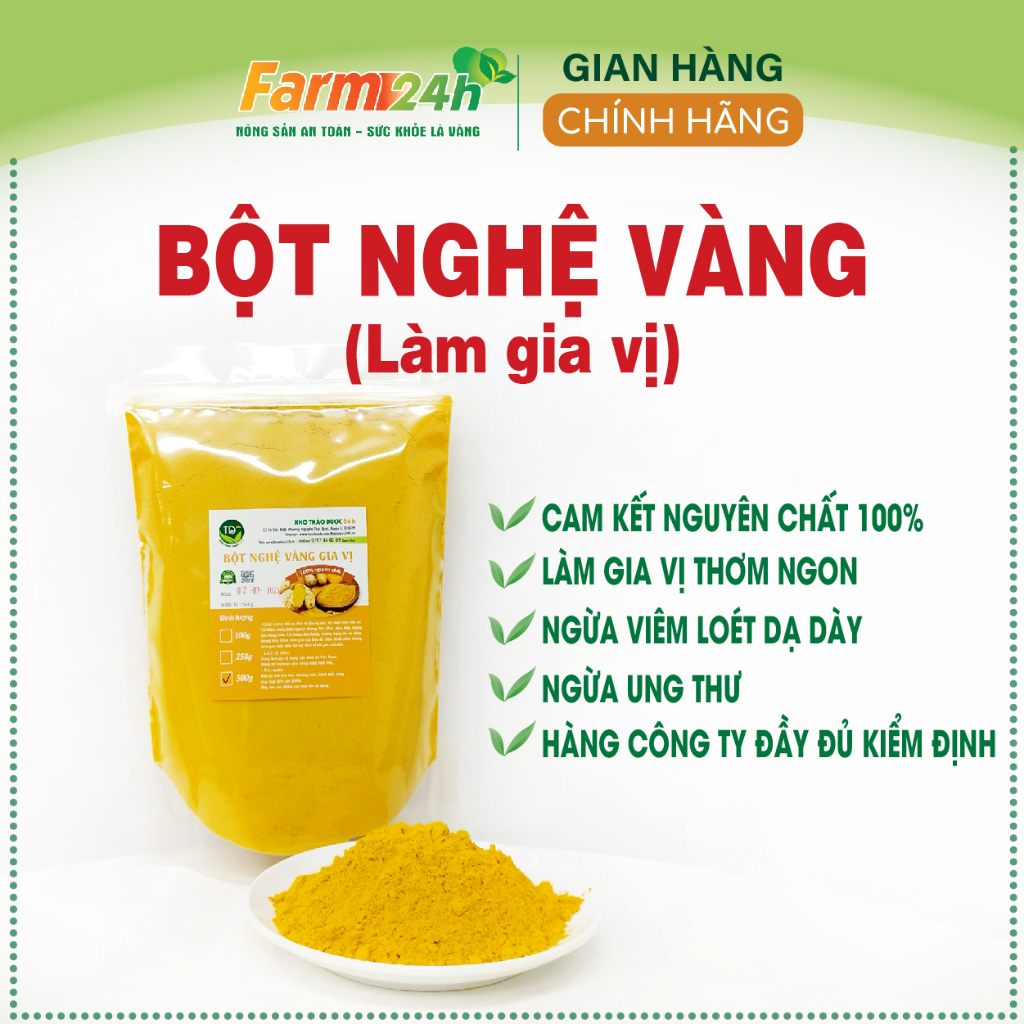 Bột nghệ vàng nguyên chất 100%, chuẩn bột nghệ làm gia vị, hàng công ty, đầy đủ kiểm định | Farm 24h