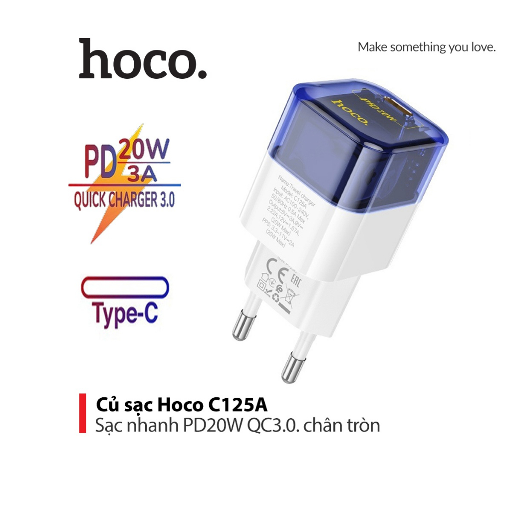 Củ sạc nhanh PD20W Hoco C125A chân tròn 1 cổng Type-C hỗ trợ QC3.0