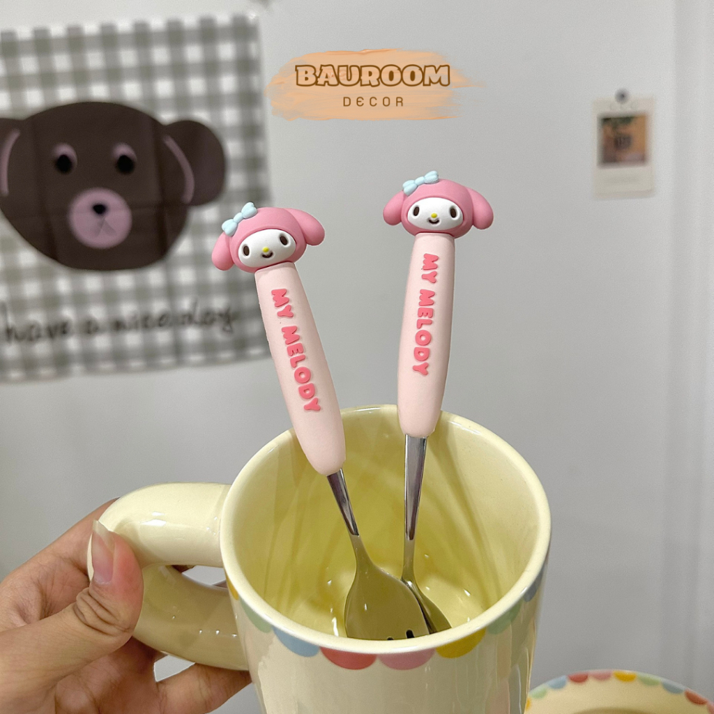 Bộ muỗng nĩa inox cao cấp Bauroom cán silicone an toàn tạo hình đáng yêu có sẵn ảnh thật