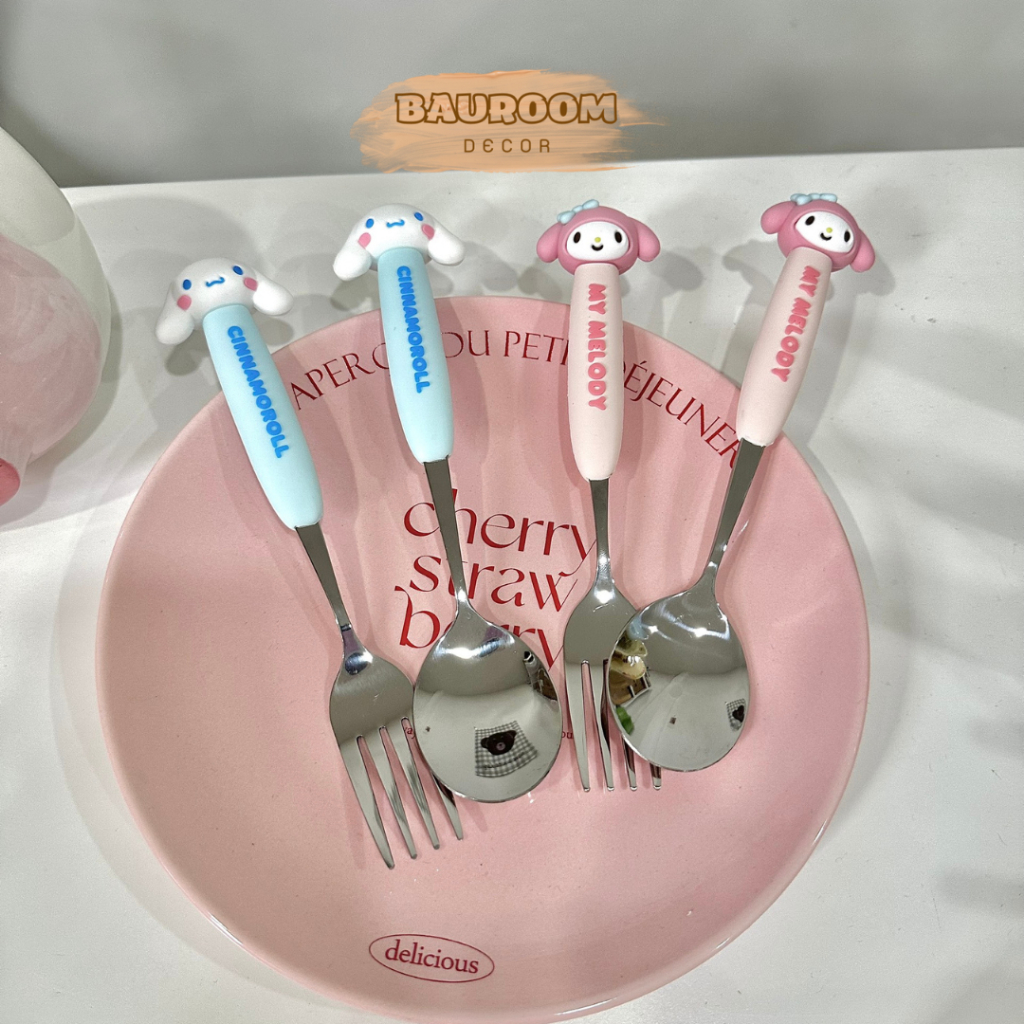 Bộ muỗng nĩa inox cao cấp Bauroom cán silicone an toàn tạo hình đáng yêu có sẵn ảnh thật