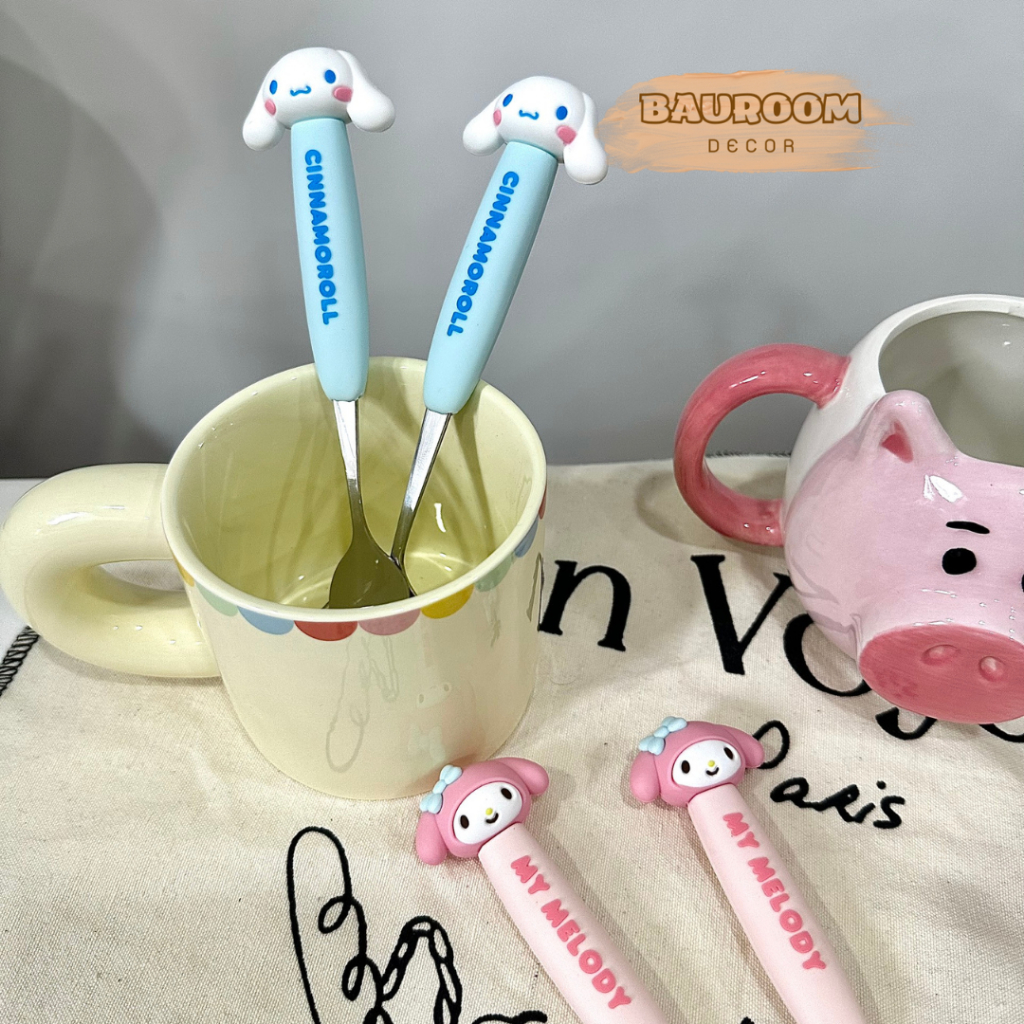 Bộ muỗng nĩa inox cao cấp Bauroom cán silicone an toàn tạo hình đáng yêu có sẵn ảnh thật