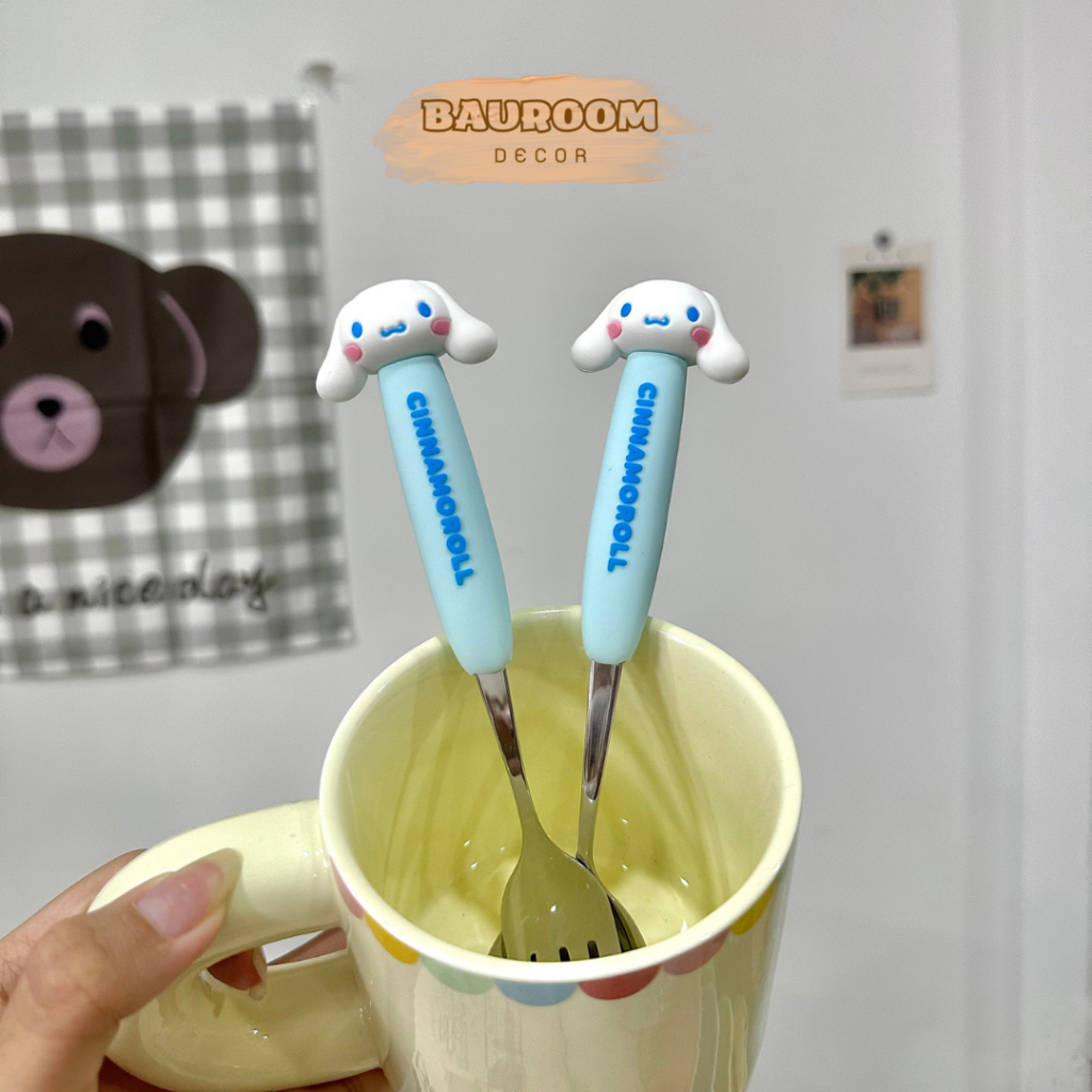 Bộ muỗng nĩa inox cao cấp Bauroom cán silicone an toàn tạo hình đáng yêu có sẵn ảnh thật