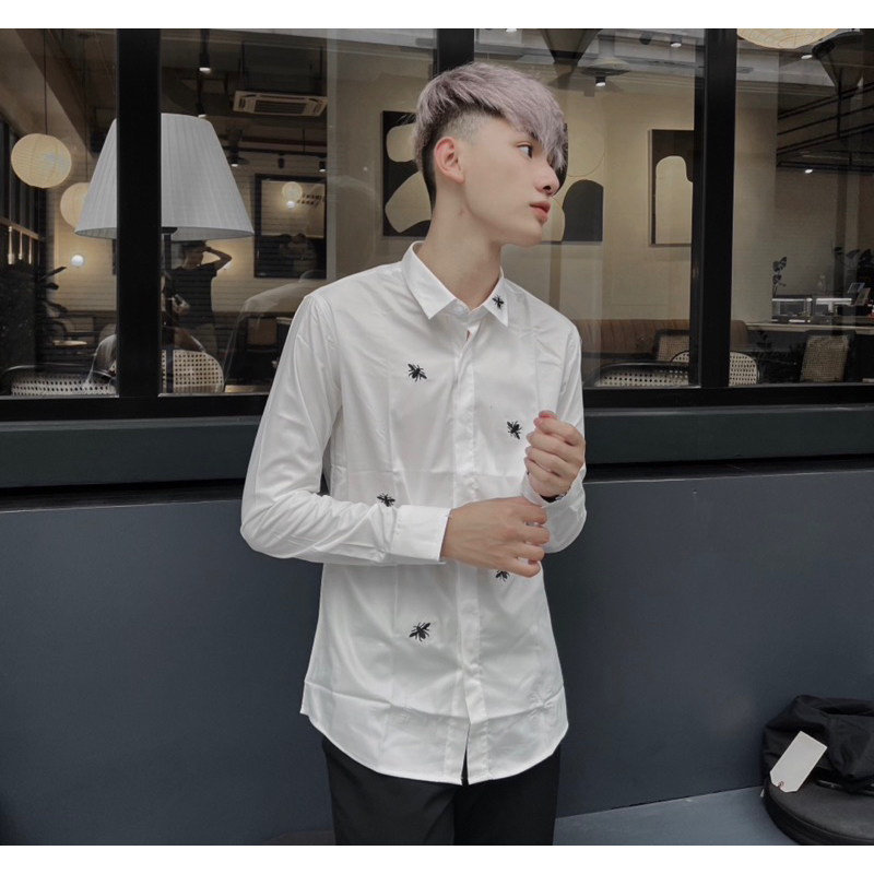 Áo sơ mi trắng dior thời trang nam có hoạ tiết thêu ong, Áo sơ mi trắng soái ca phong cách hàn quốc btshop từ s đến xl