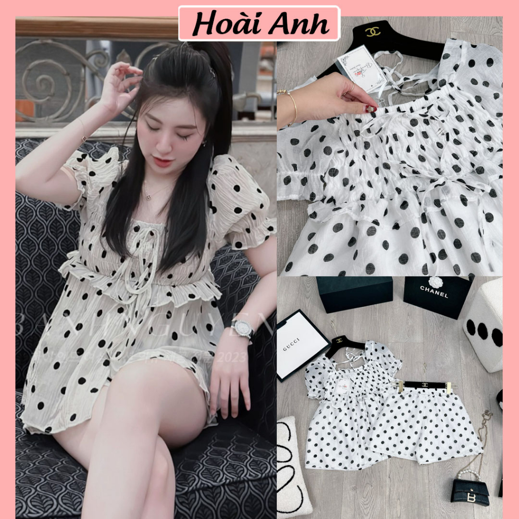 Set Bộ Đồ Nữ Chấm Bi Tơ Xước 2 Lớp Áo Babydoll Tay Bồng Chun Ngực Mix Quần Sooc Đùi Ống Rộng Freesize