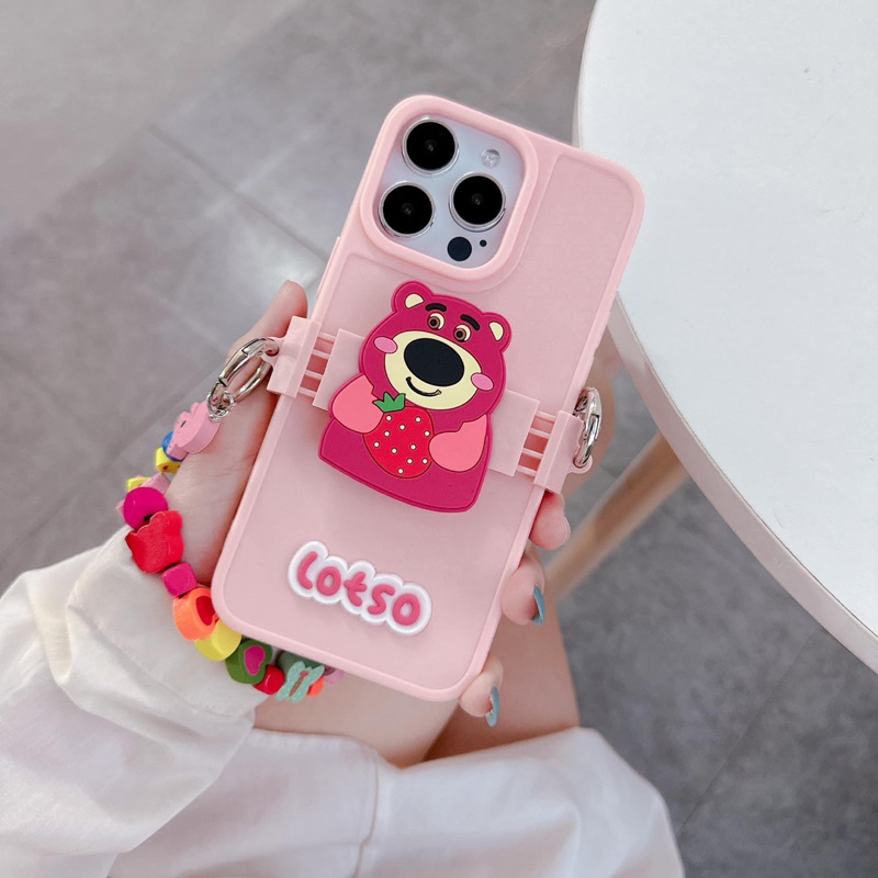 Ốp Lưng dẻo hồng gắn lotso kèm dây hoa đeo chéo chống bẩn cho i phone 7 đến 14promax