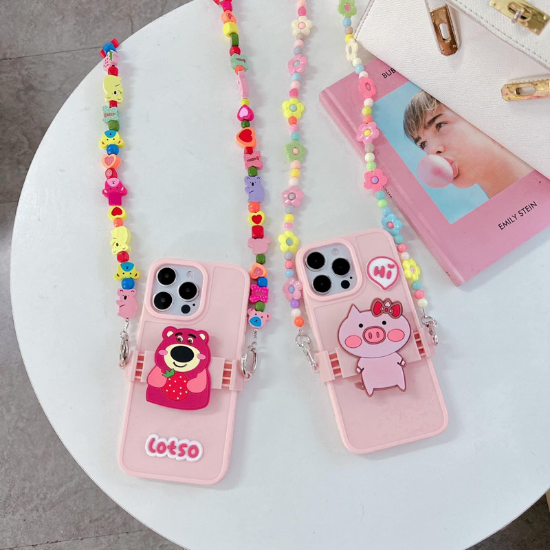 Ốp Lưng dẻo hồng gắn lotso kèm dây hoa đeo chéo chống bẩn cho i phone 7 đến 14promax