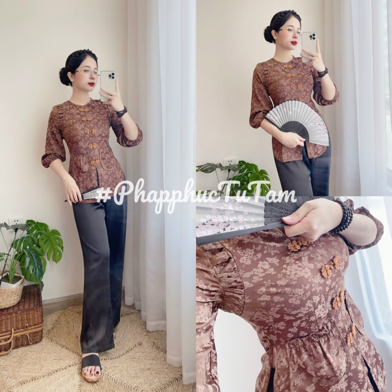 Bộ bà ba cúc tàu Gấm Thượng hải - Nâu -P42