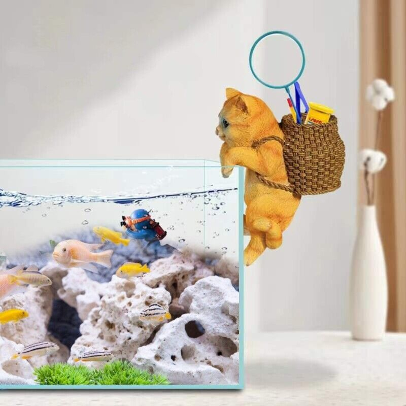 Mô hình Mèo đeo giỏ | Mèo đu vách | Treo thành hồ cá, bể cá | Trang trí bàn làm việc
