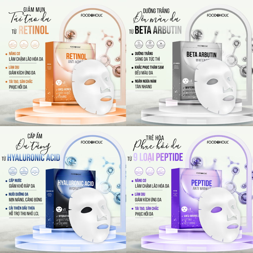 Combo 10 Mặt Nạ Giấy Foodaholic Mask Retinol Dưỡng Trắng Da Cấp Ẩm Tái Tạo Collagen Phục Hồi Da Giảm Mụn Hàn Quốc 23g
