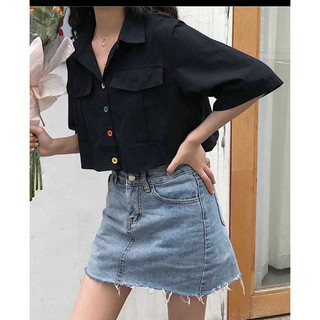 Áo sơ mi voan croptop nút phối màu