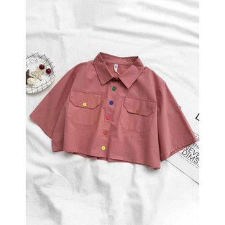 Áo sơ mi voan croptop nút phối màu