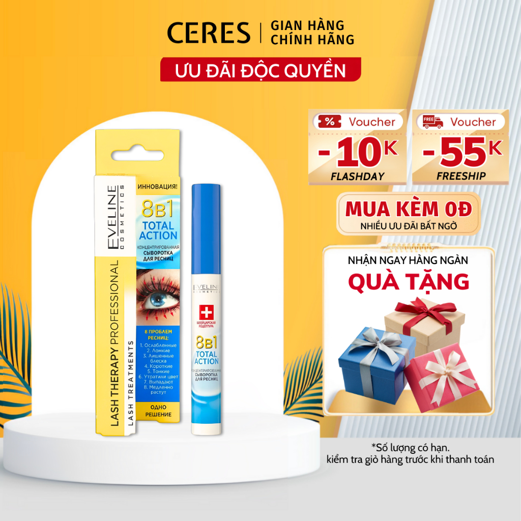 Serum Dưỡng Mi Eveline 8 in 1 Total Action Huyết Thanh Dưỡng Mi Dài Và Dày Mi 10ml