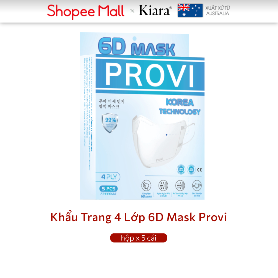 Khẩu trang 4 lớp Kiara Provi 6D Mask hộp 5 cái